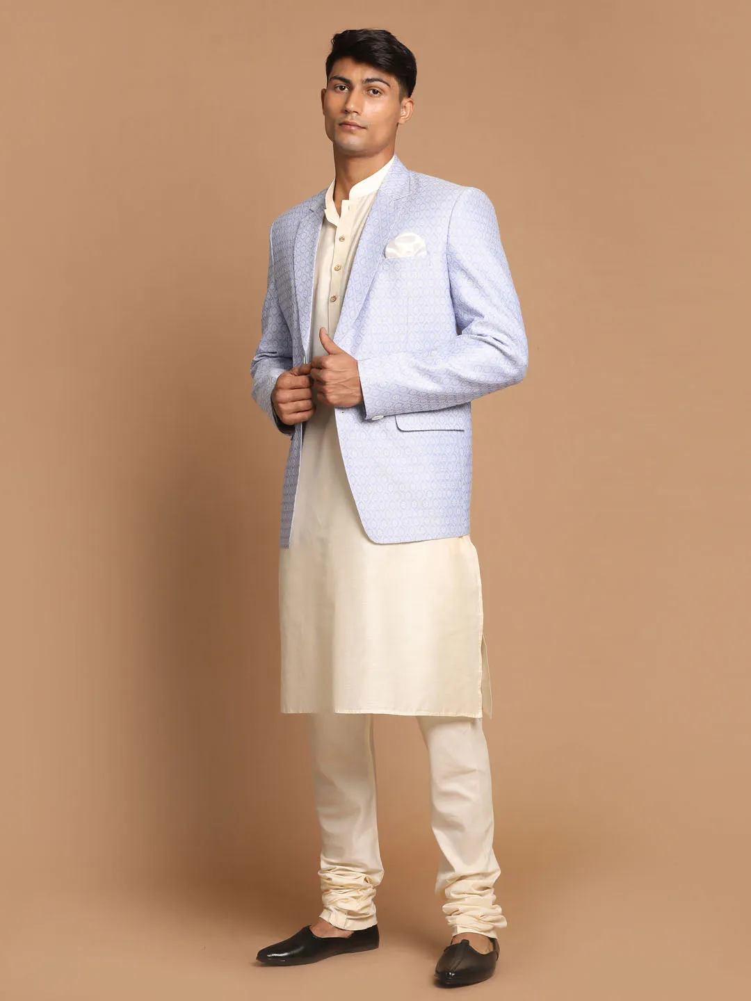 Jashvi Men's Lavender Woven Blazer And Cream Solid Kurta With Pajama Set