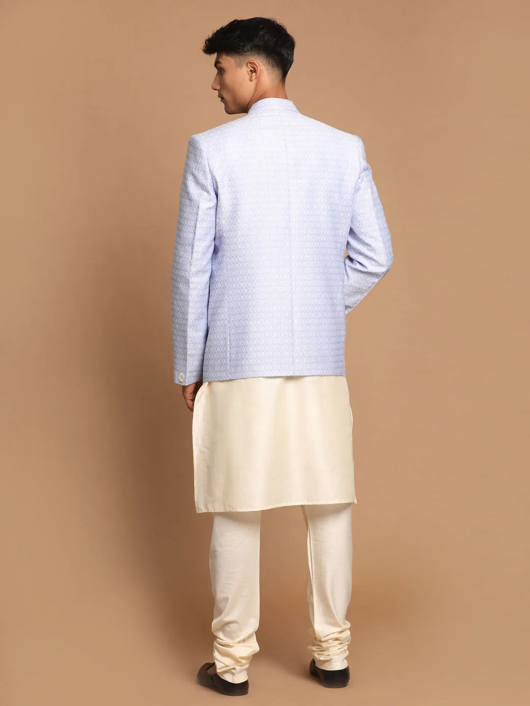 Jashvi Men's Lavender Woven Blazer And Cream Solid Kurta With Pajama Set