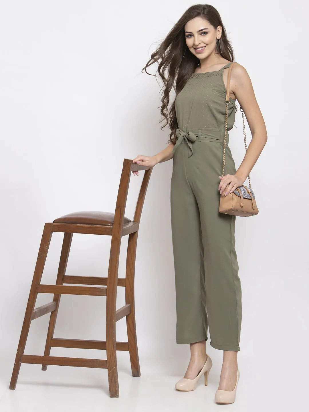 Jashvi Women Green Solid Embellished Jumpsuit