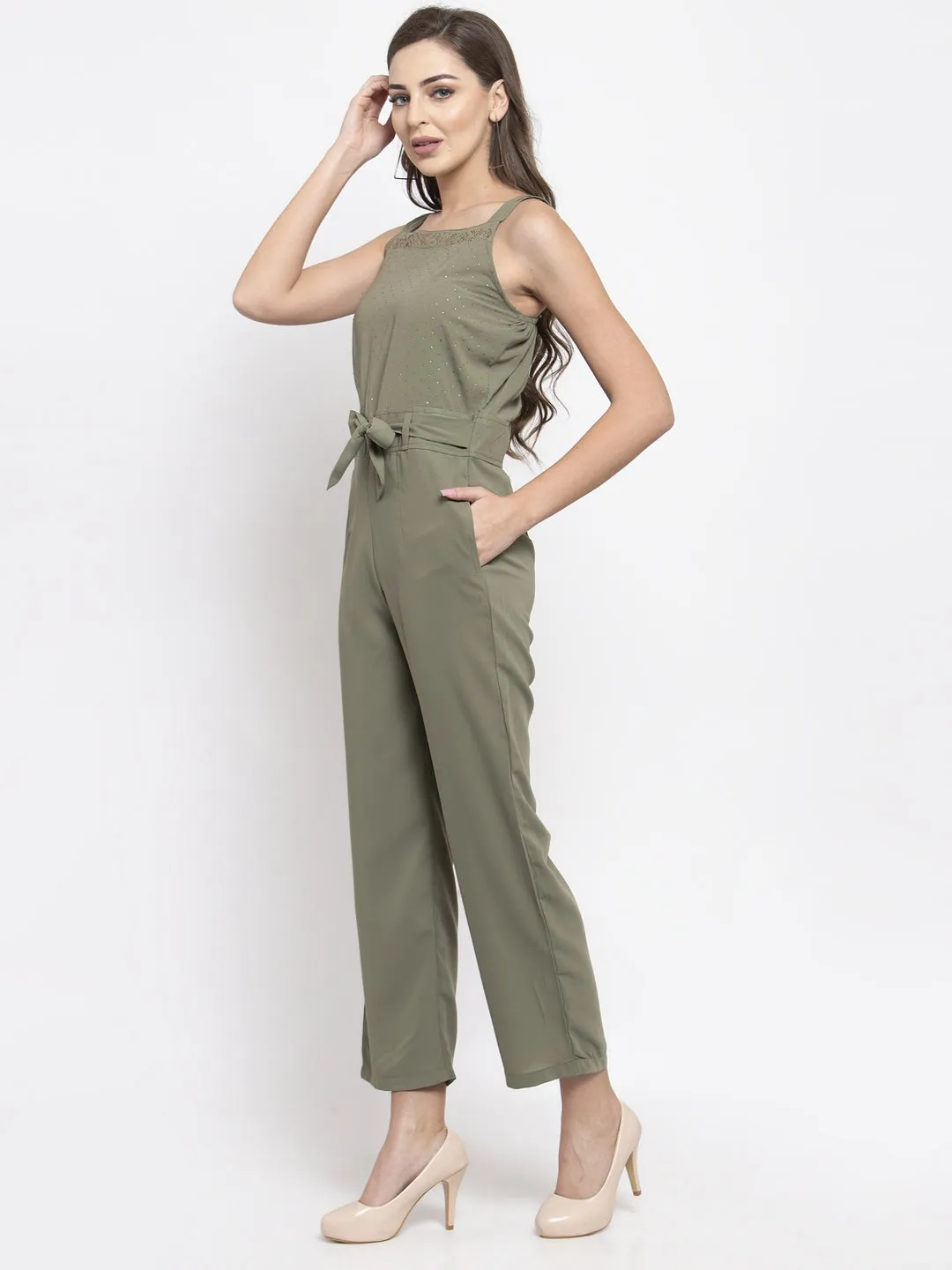 Jashvi Women Green Solid Embellished Jumpsuit