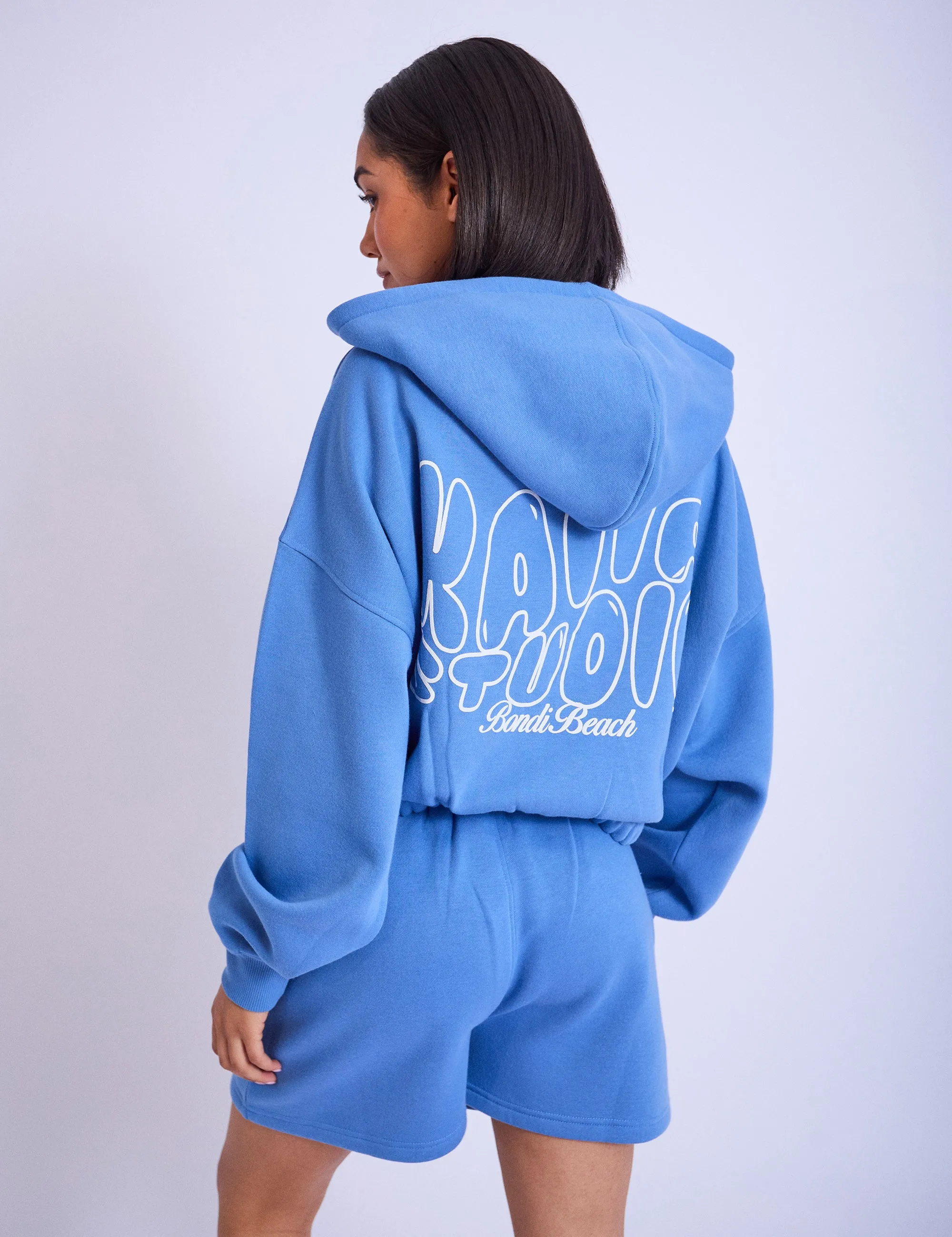 Kaiia Studio Cropped Oversized Zip Up Hoodie Blue