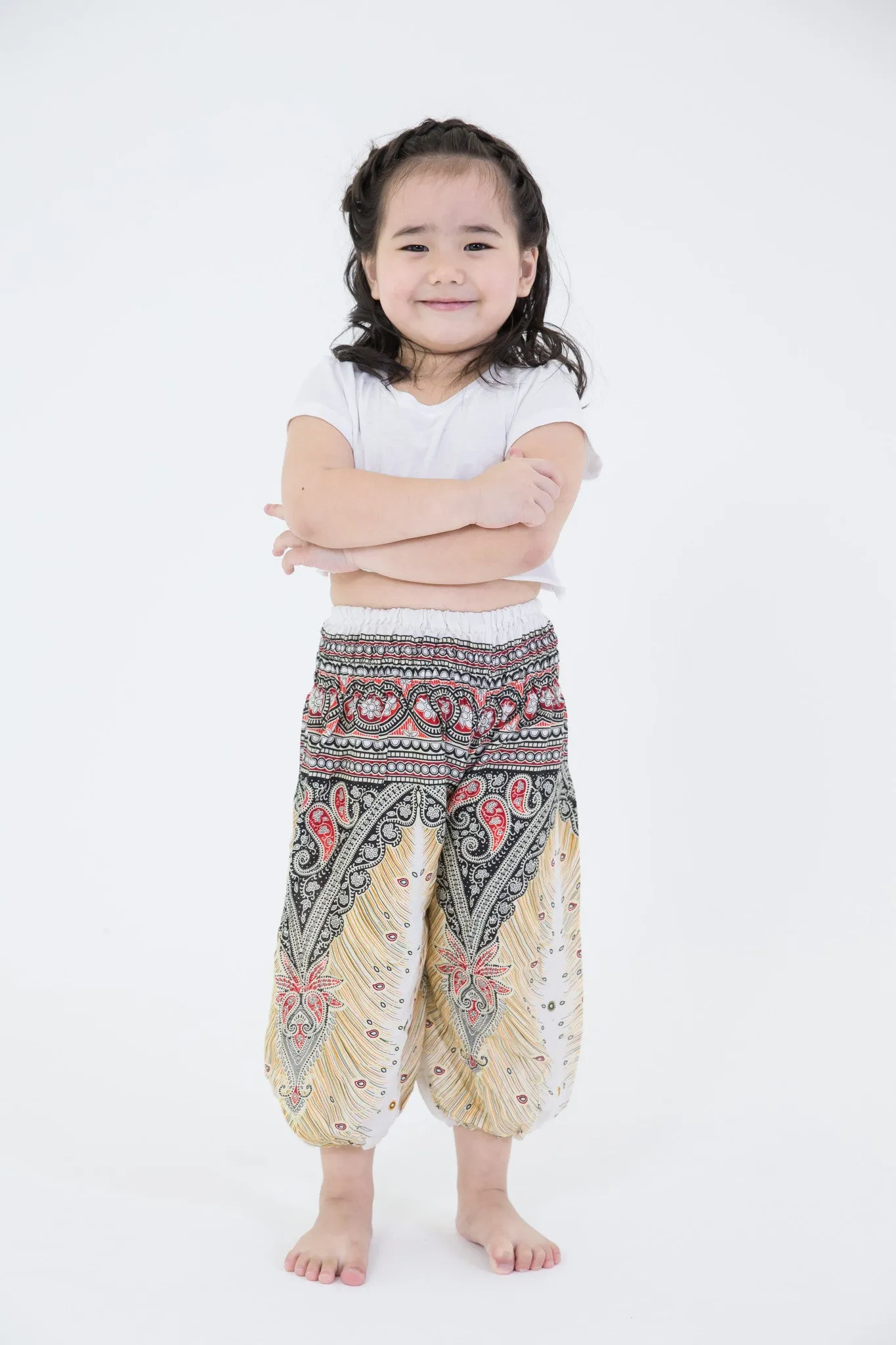 Kids Peacock Feathers Harem Pants in White