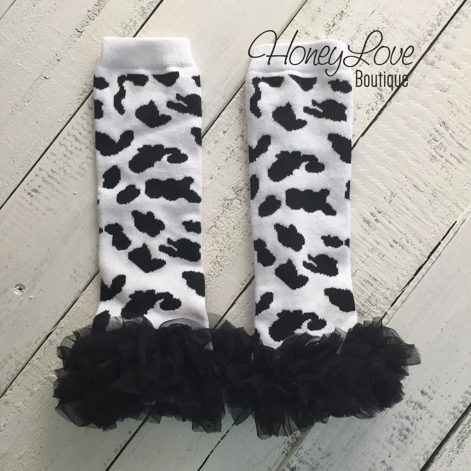 Leg Warmers - Cow Print with black ruffle