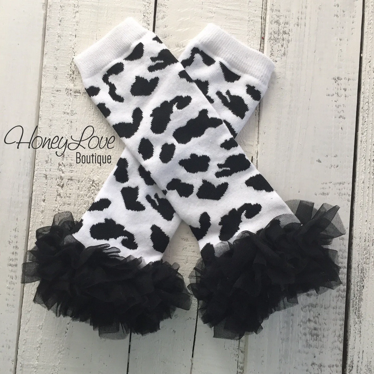 Leg Warmers - Cow Print with black ruffle