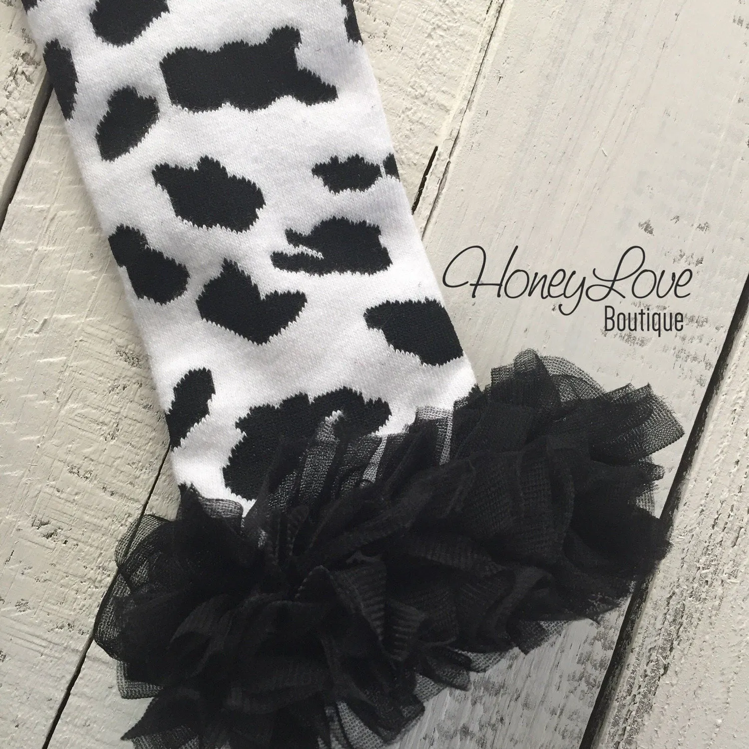 Leg Warmers - Cow Print with black ruffle