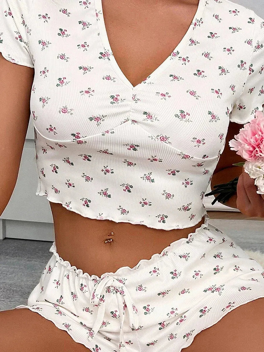 Lettuce Short Sleeve Crop Tops Elastic Shorts Soft Sleepwear Floral Pajamas