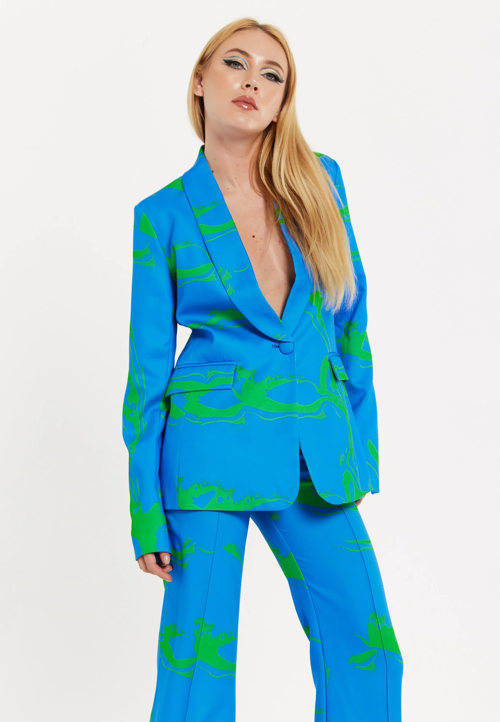 Marble Print Blazer in Blue And Green