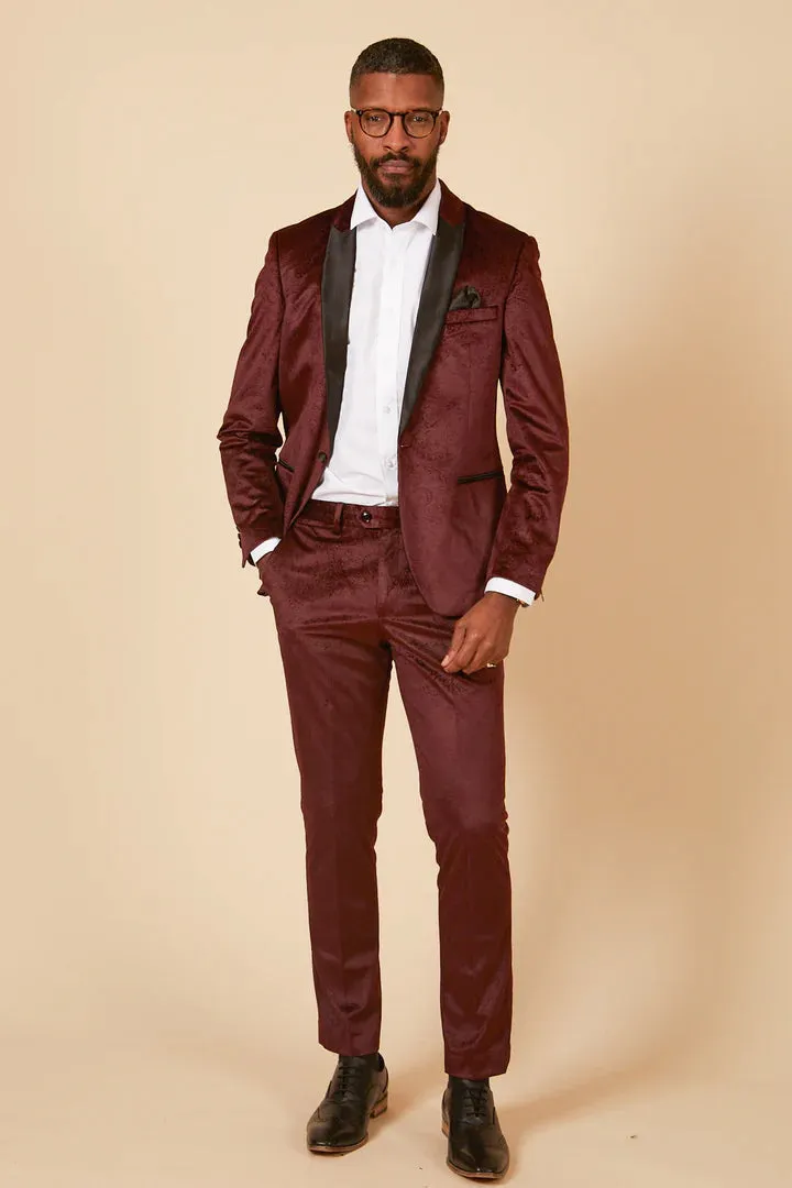 MARC DARCY Simon Velvet Tux Lapel Jacquard Blazer - Slim Fit Tuxedo Jacket - Wine