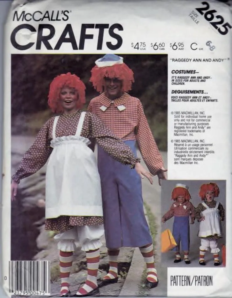 McCall's 2625 Raggedy Ann Andy Halloween Costume Boy Girl Vintage 1980's Pattern