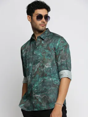 Men Green Spread Collar Abstract Shirt