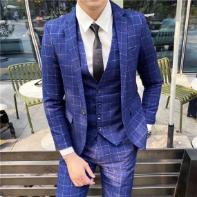 Men Plaid Print Single Breasted Blazer & Waistcoat & Suit Pants