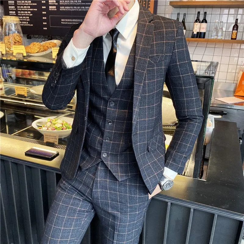 Men Plaid Print Single Breasted Blazer & Waistcoat & Suit Pants