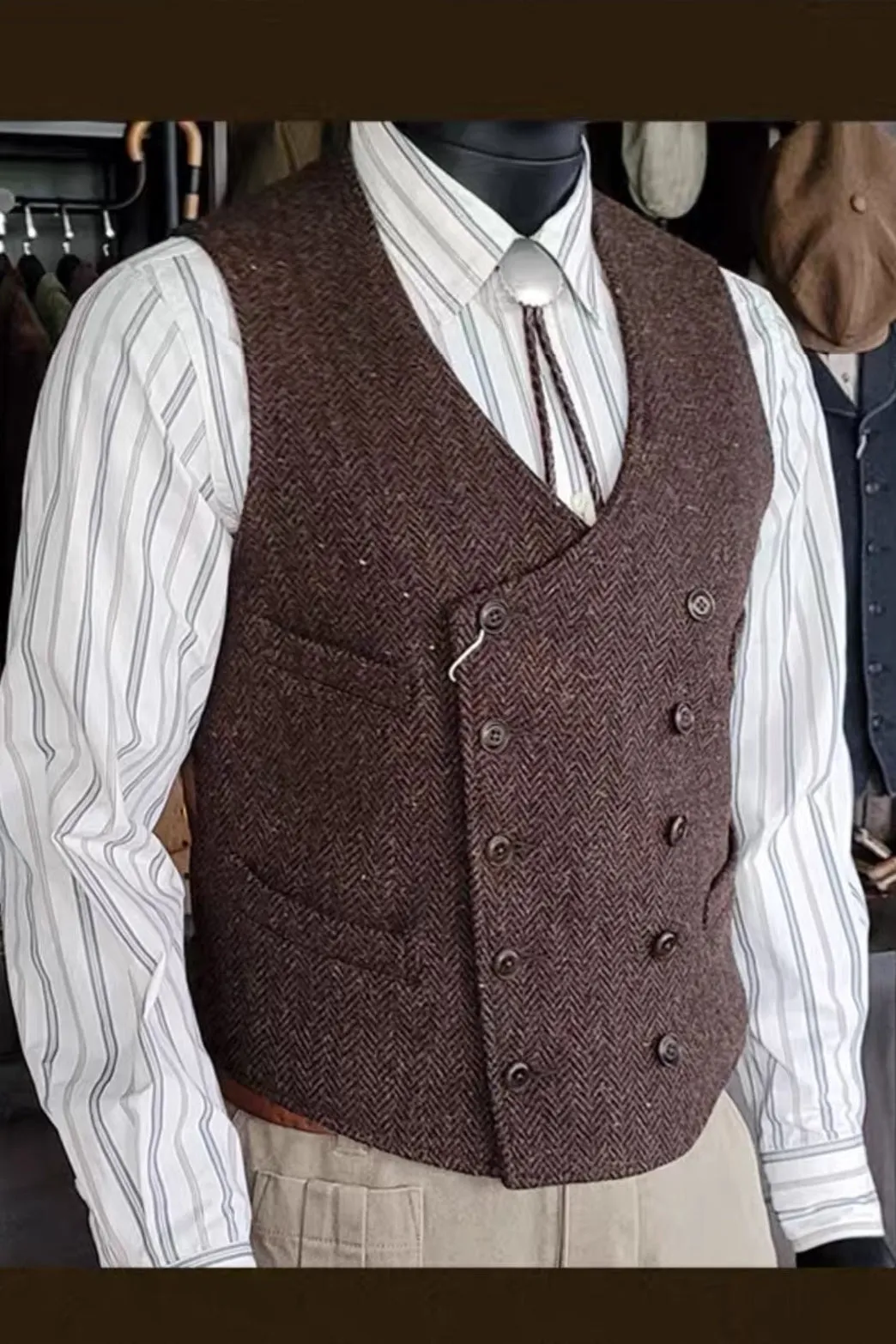 Men's Red Brown Double-breasted Tweed Vest