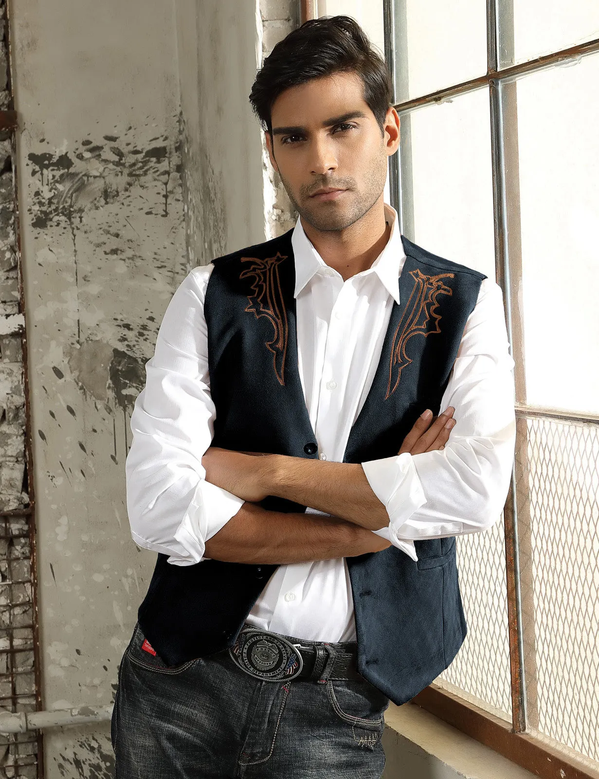 Men's Suede Leather Suit Vest Embroidery Casual Slim Fit Western Vest Waistcoat