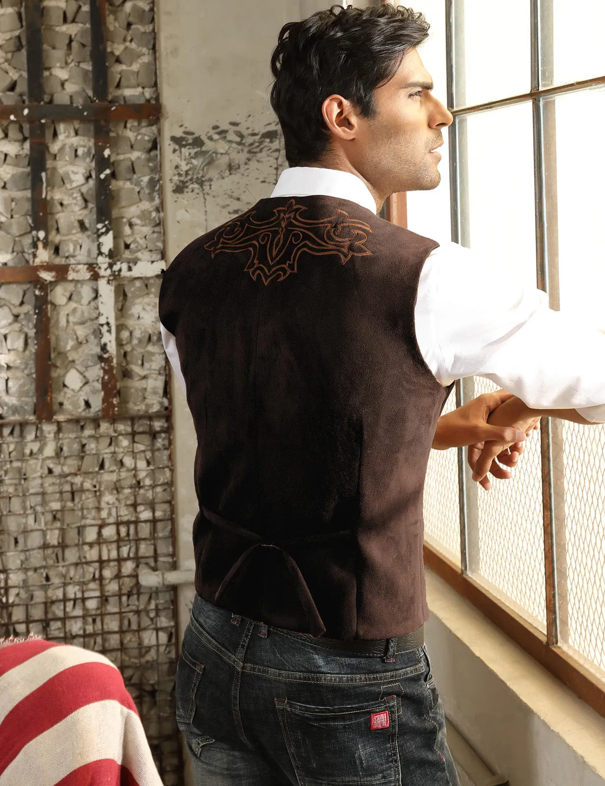 Men's Suede Leather Suit Vest Embroidery Casual Slim Fit Western Vest Waistcoat