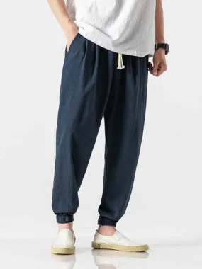 Men's woven cotton and linen casual harem trousers