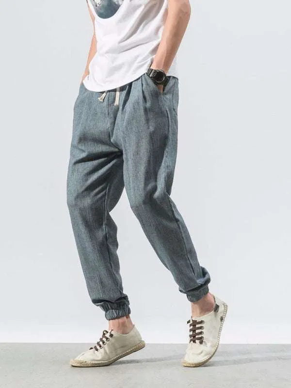 Men's woven cotton and linen casual harem trousers