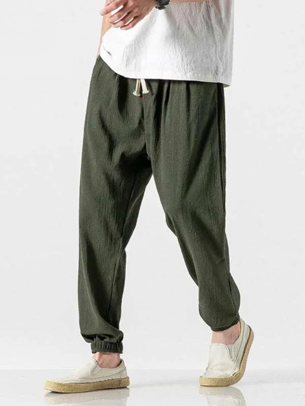 Men's woven cotton and linen casual harem trousers