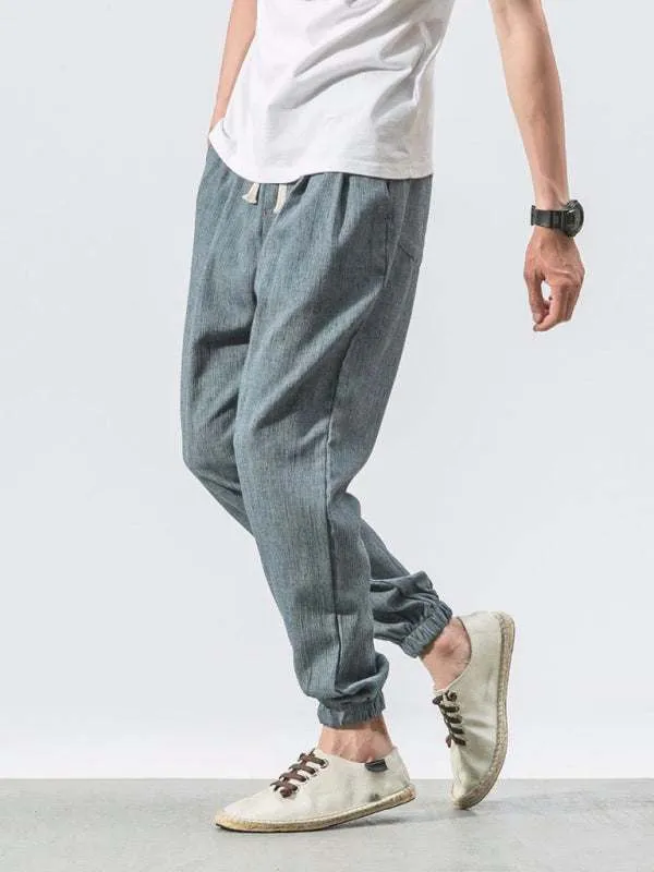 Men's woven cotton and linen casual harem trousers