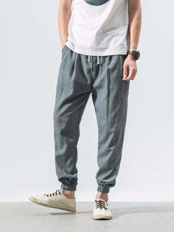 Men's woven cotton and linen casual harem trousers