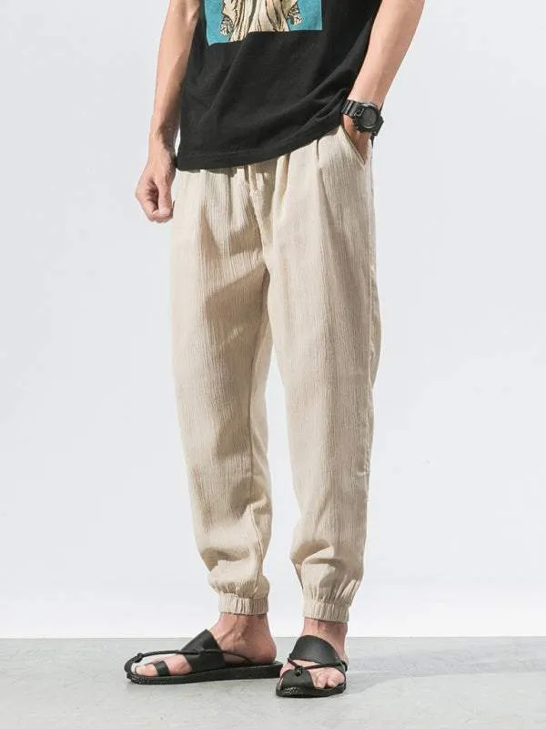 Men's woven cotton and linen casual harem trousers