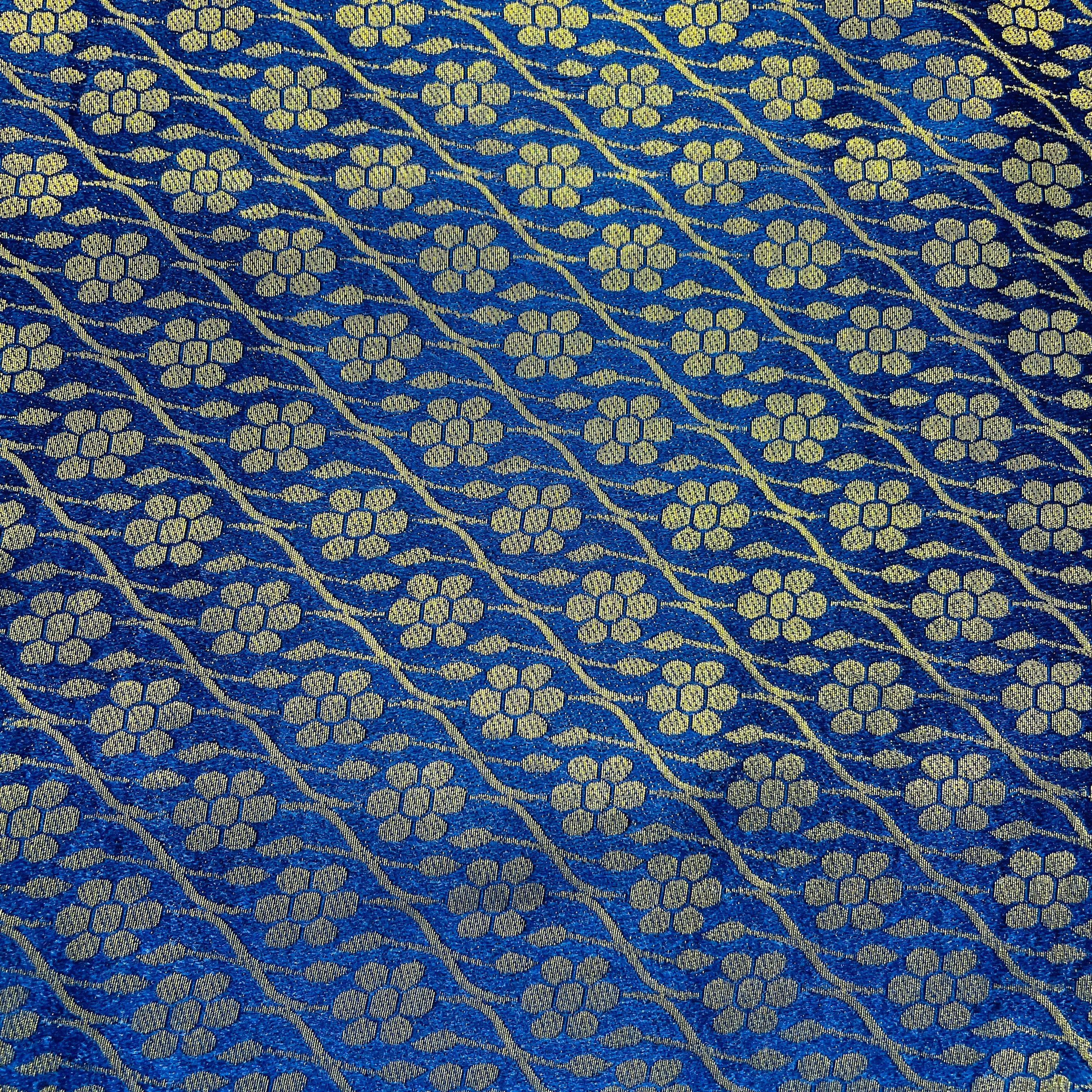 Navy Blue with Gold Zari Floral Banarasi Brocade Fabric