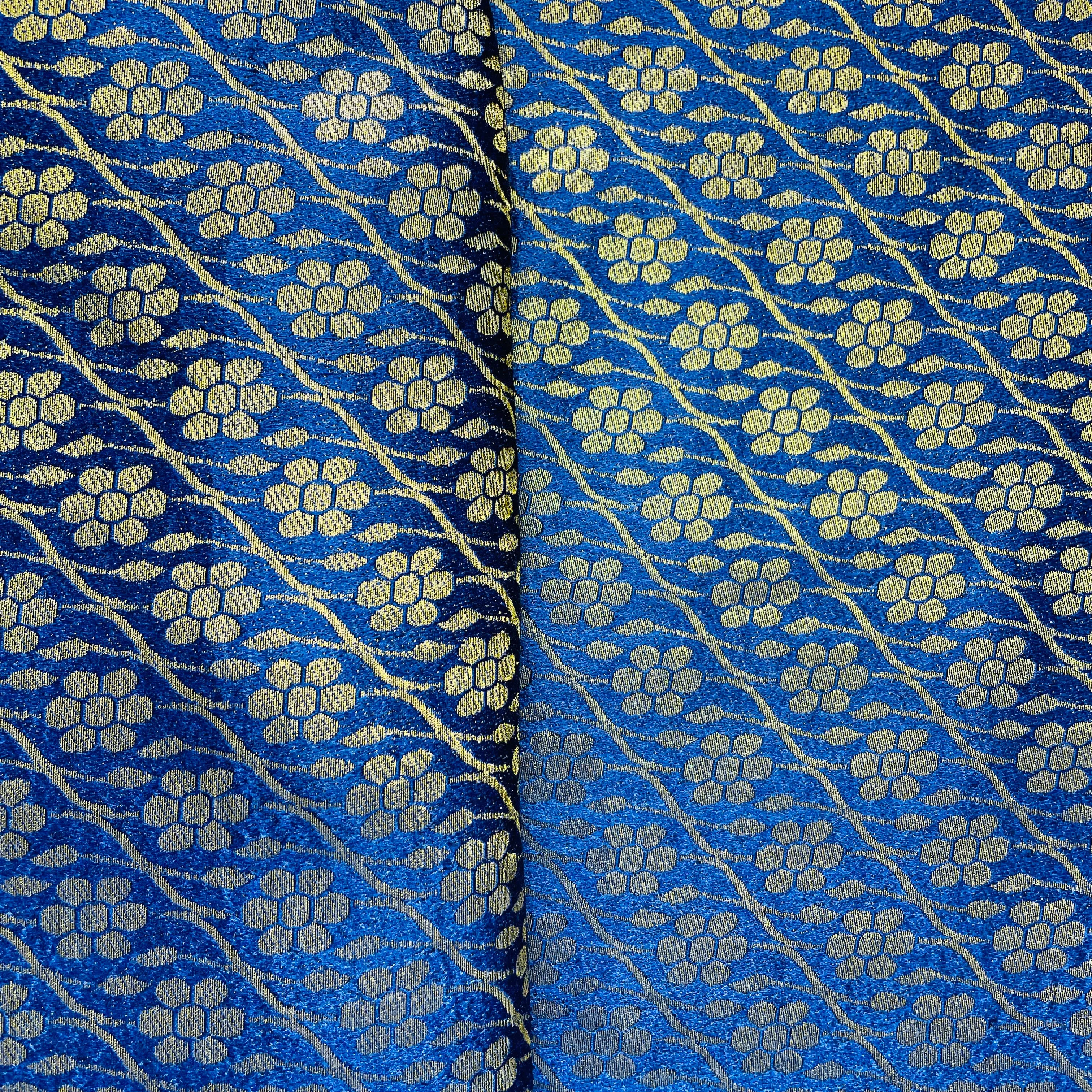 Navy Blue with Gold Zari Floral Banarasi Brocade Fabric