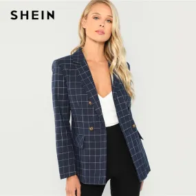 Navy Cotton Office Lady Elegant Notched Neck Plaid Double Breasted Blazer