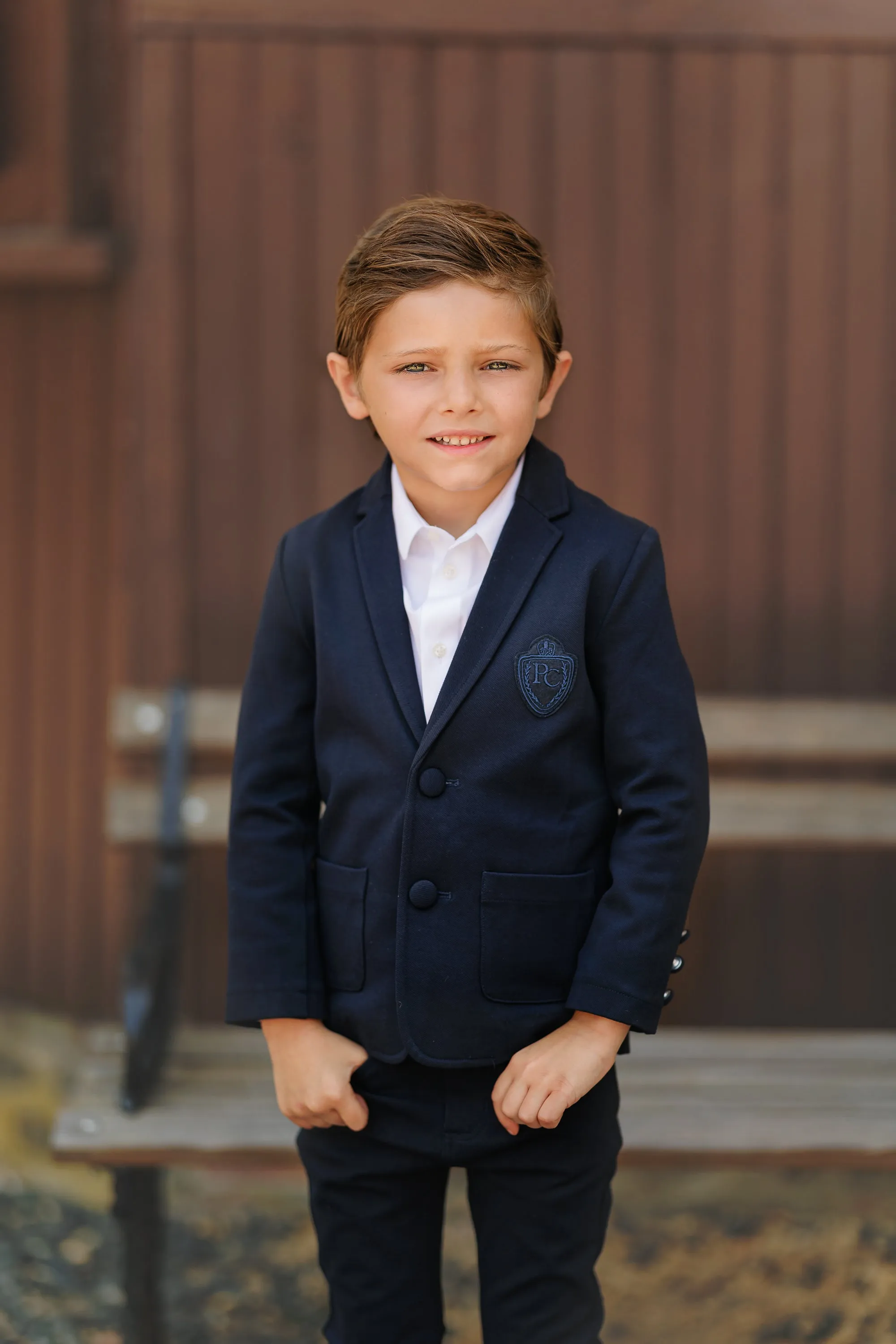 Navy Stretch Blazer with Emblem