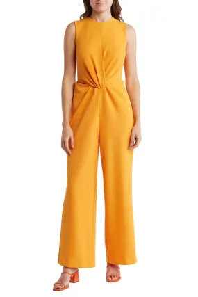 Nicole Miller round neck sleeveless zipper closure twist front solid stretch crepe jumpsuit