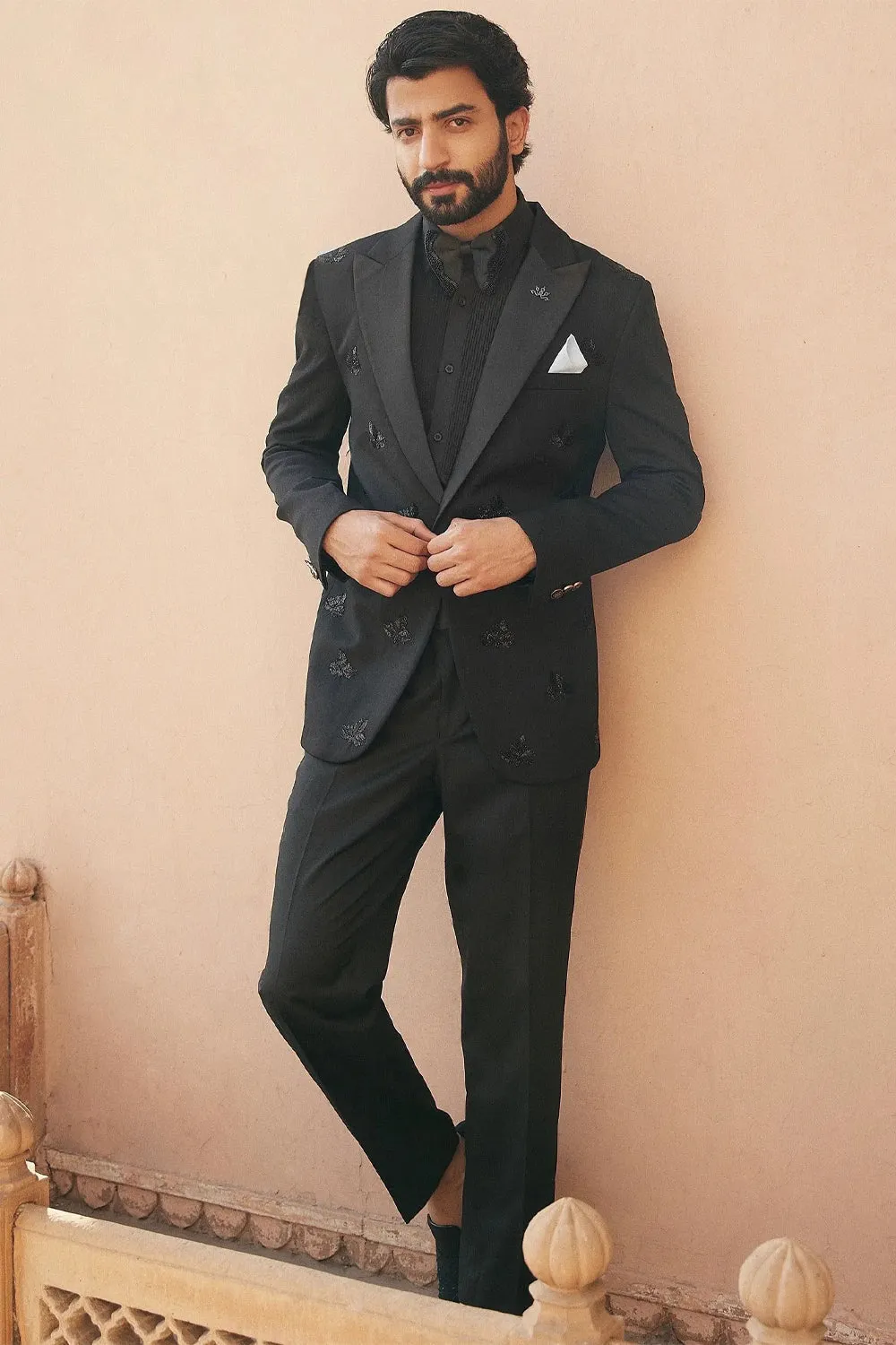 Nocturnal Sophistication: Black Tuxedo Suit With Katdana, Nalki, And Moti Motifs