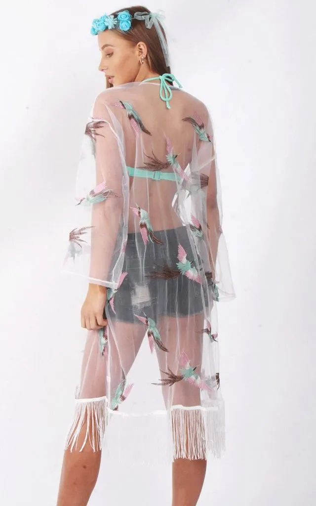 Pastel Colour Bird Embroidered Tassel Trim Sheer Kimono Jacket