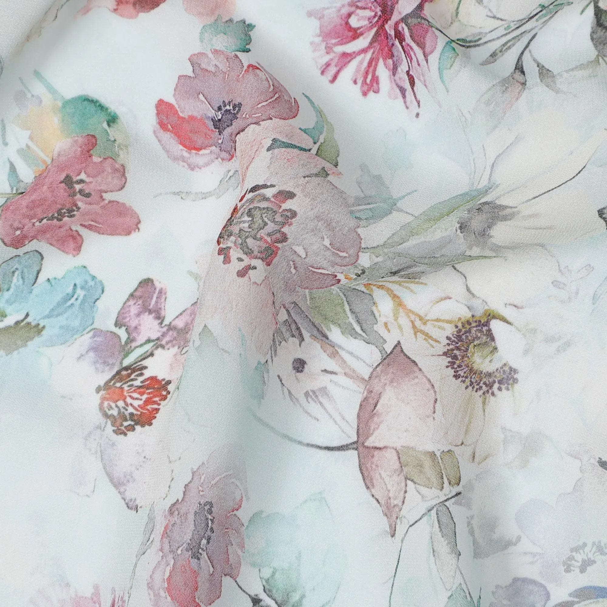 Pastel Floral Print Synthetic Georgette Fabric-D17519