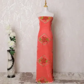 Pastel orange silk blended velvet fabric with red, gold and Kelly green print in floral design-D16043