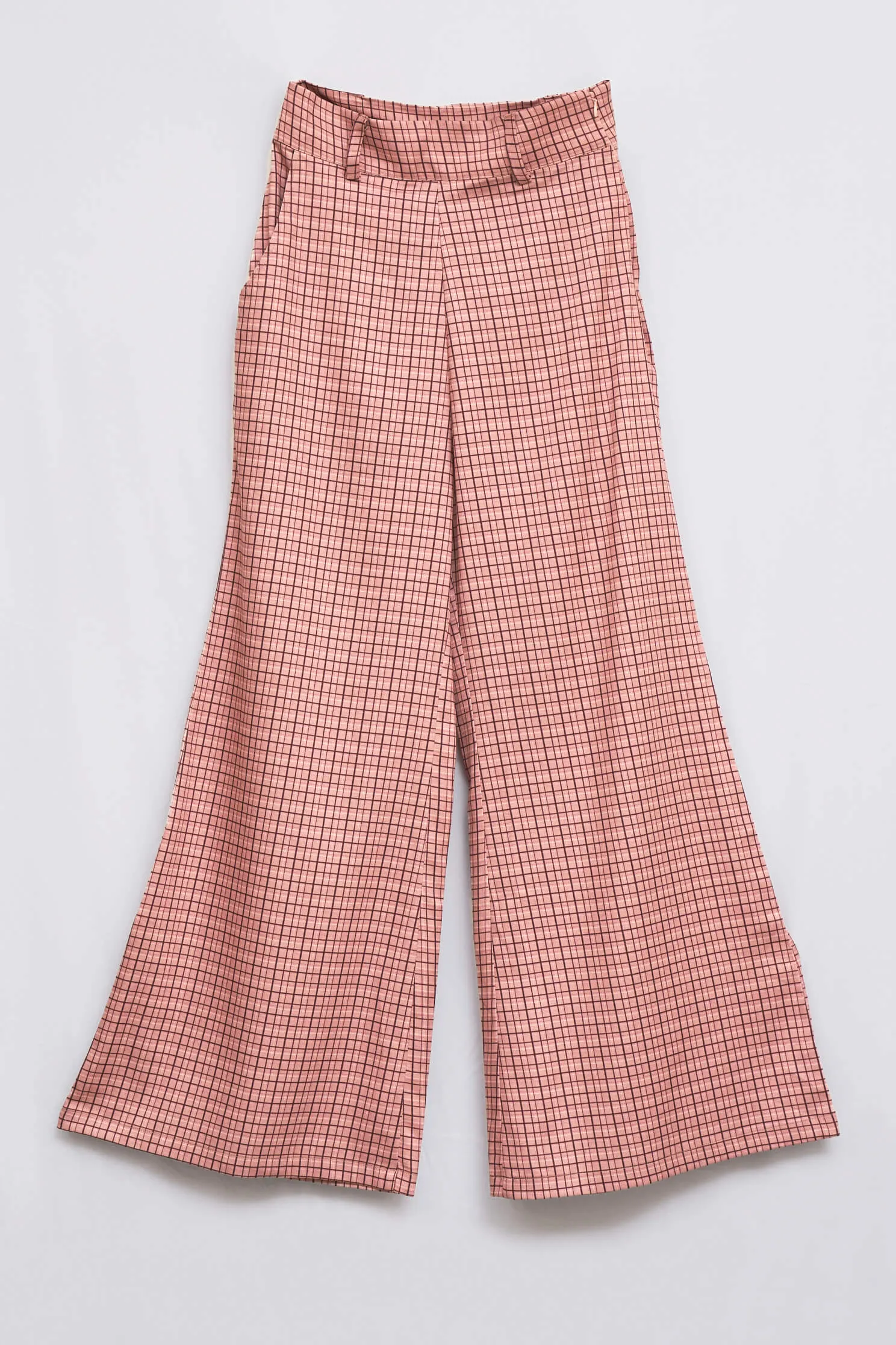 Peach Checks Printed Flared Trouser