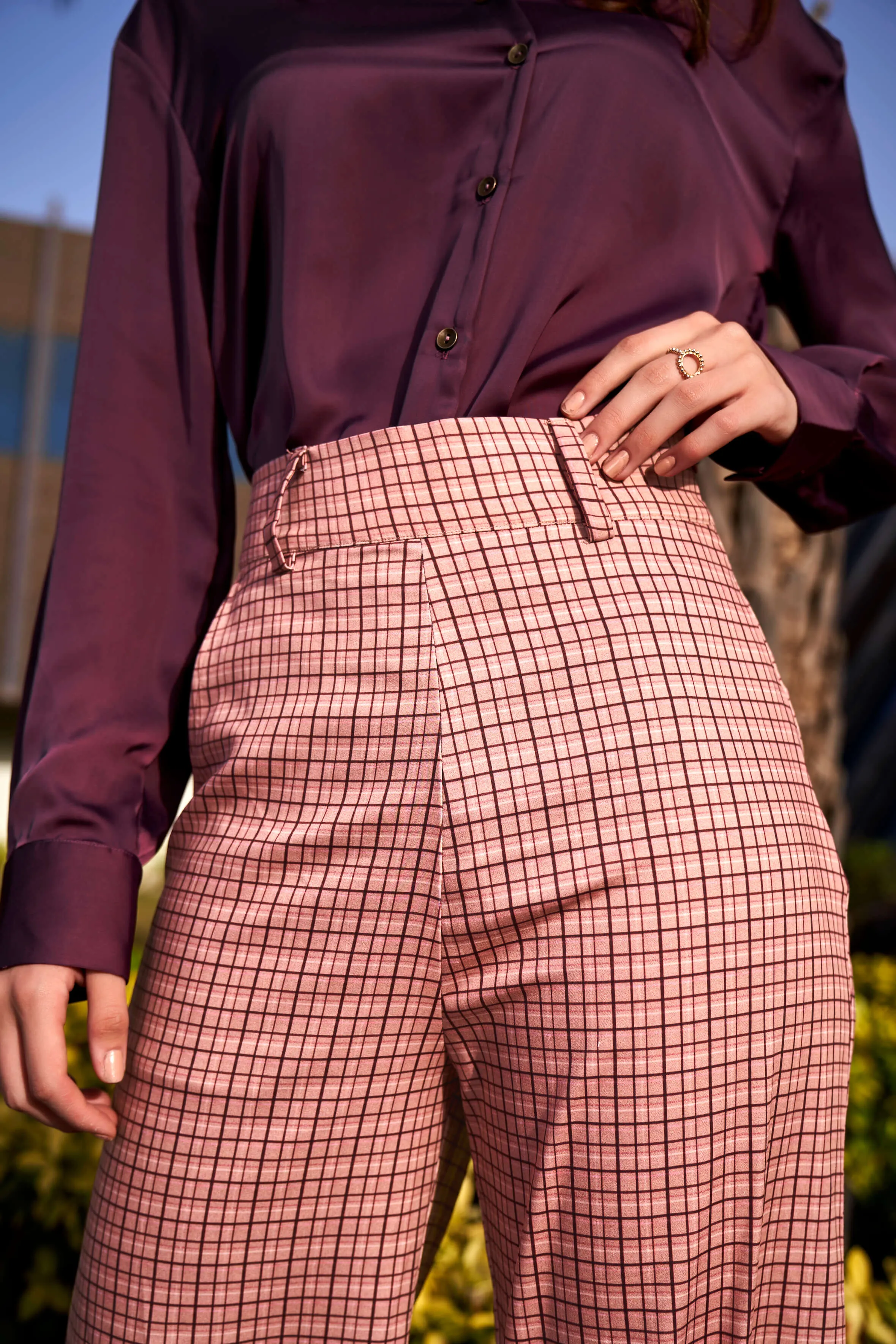 Peach Checks Printed Flared Trouser