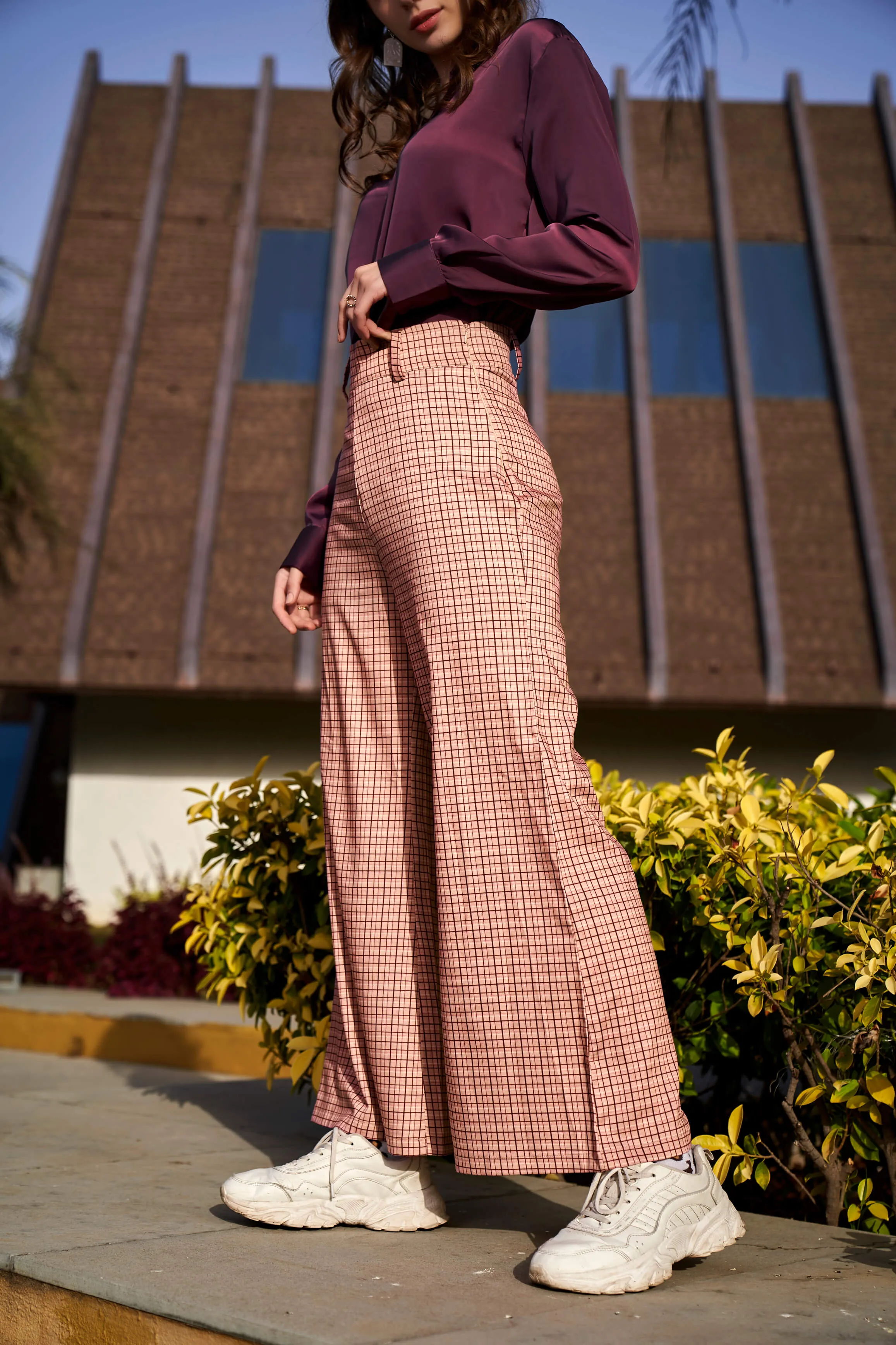 Peach Checks Printed Flared Trouser