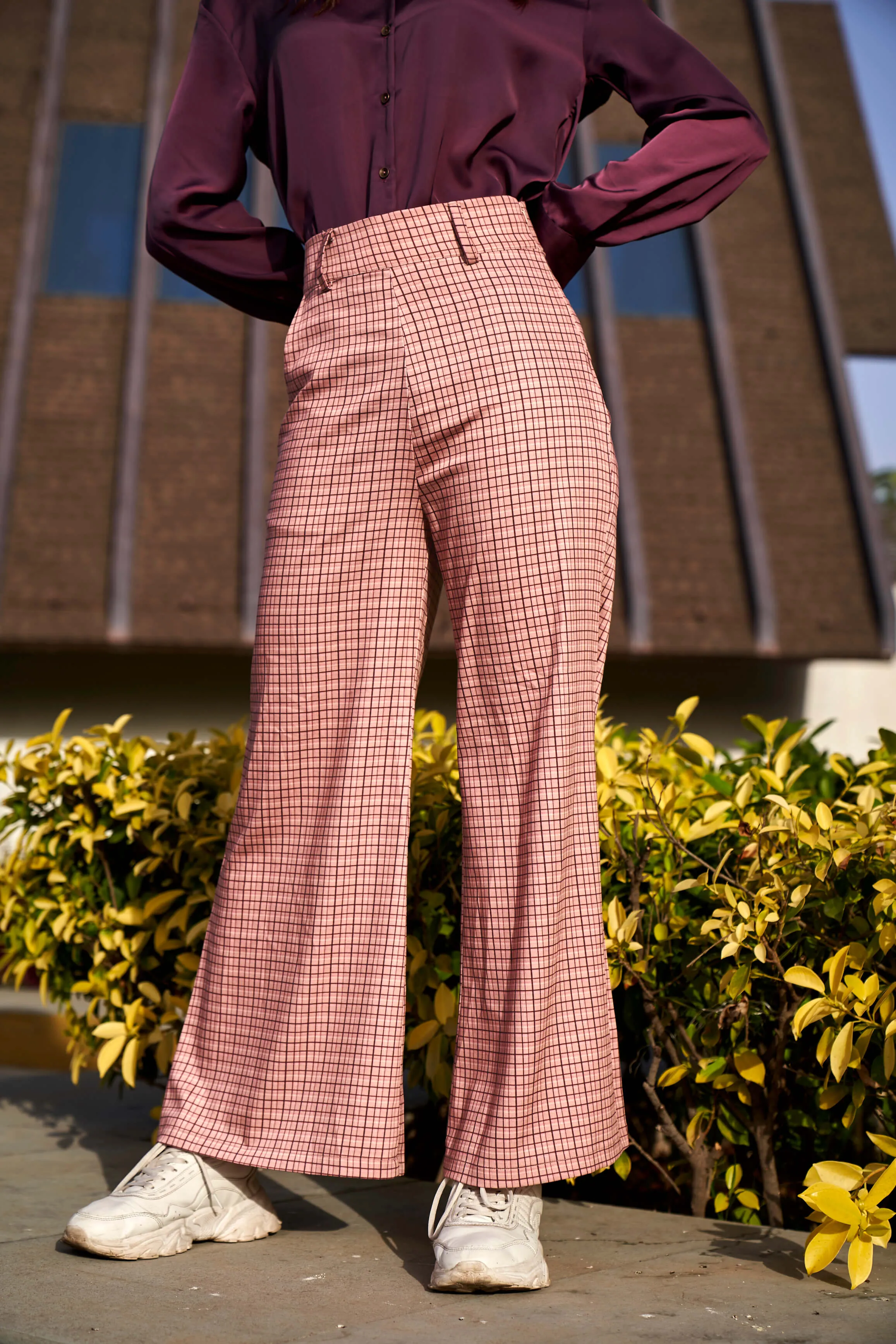 Peach Checks Printed Flared Trouser