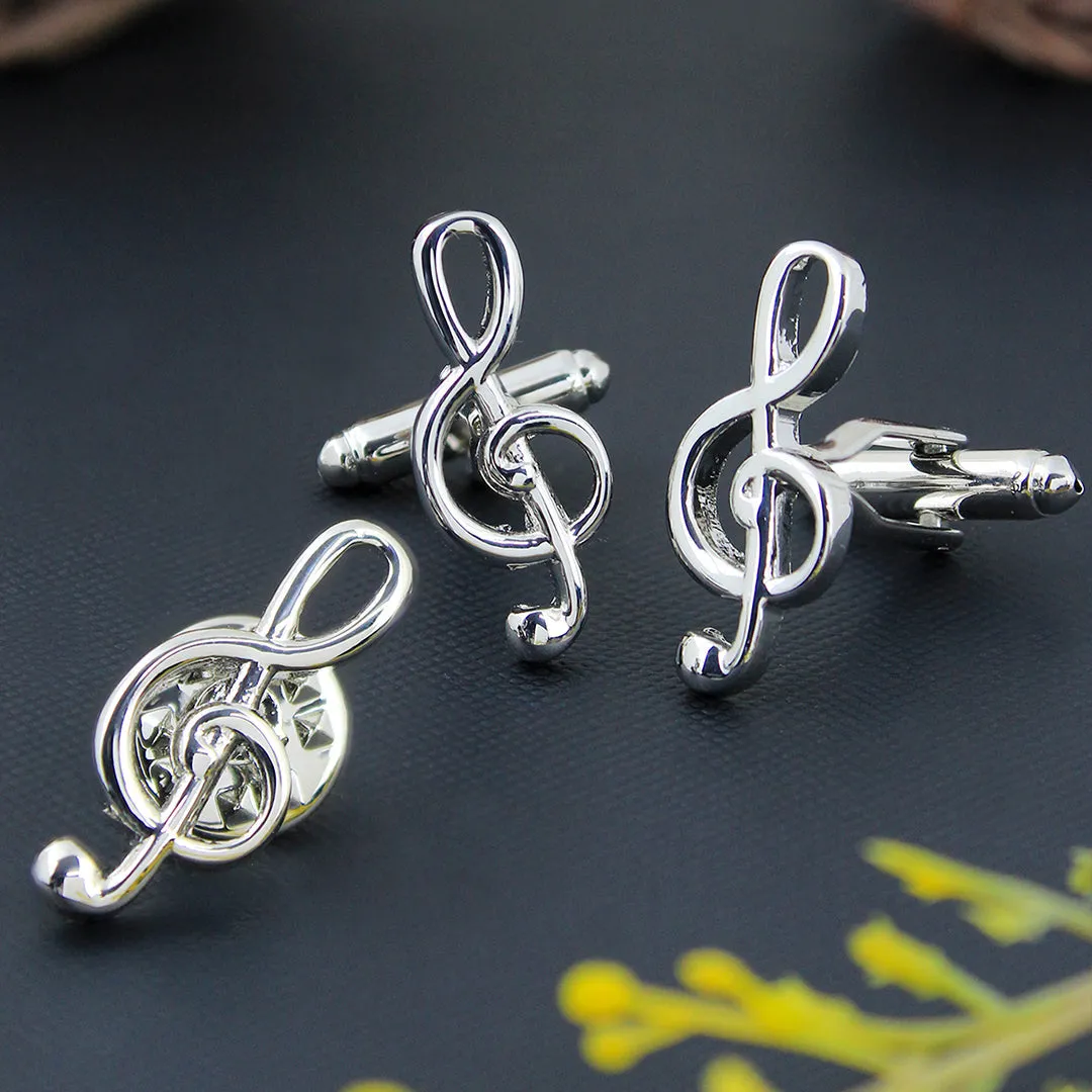 Peluche Silver Symbol of Musi Cufflink and Lapel Pin Set