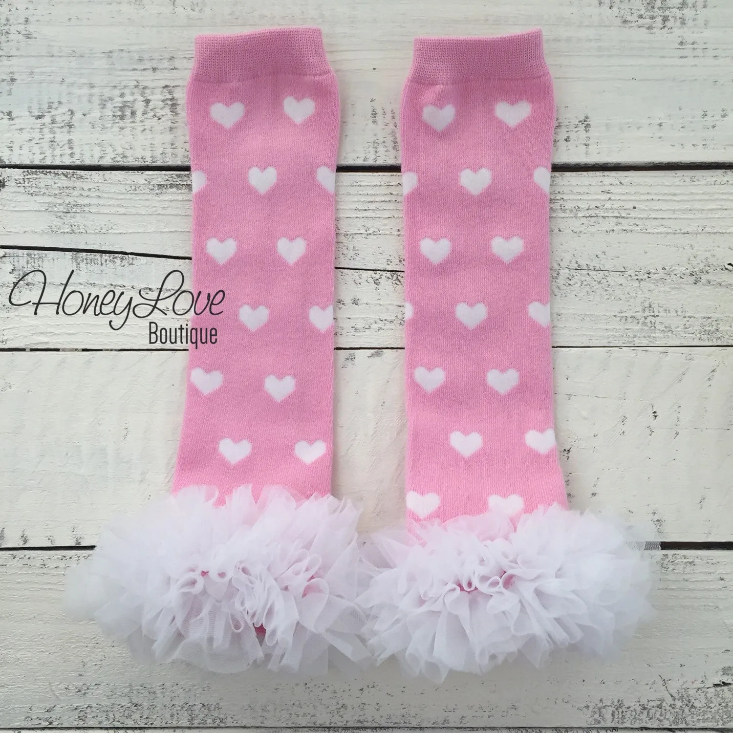 Pink and White heart leg warmers, white flower headband, ruffle bottom bloomer