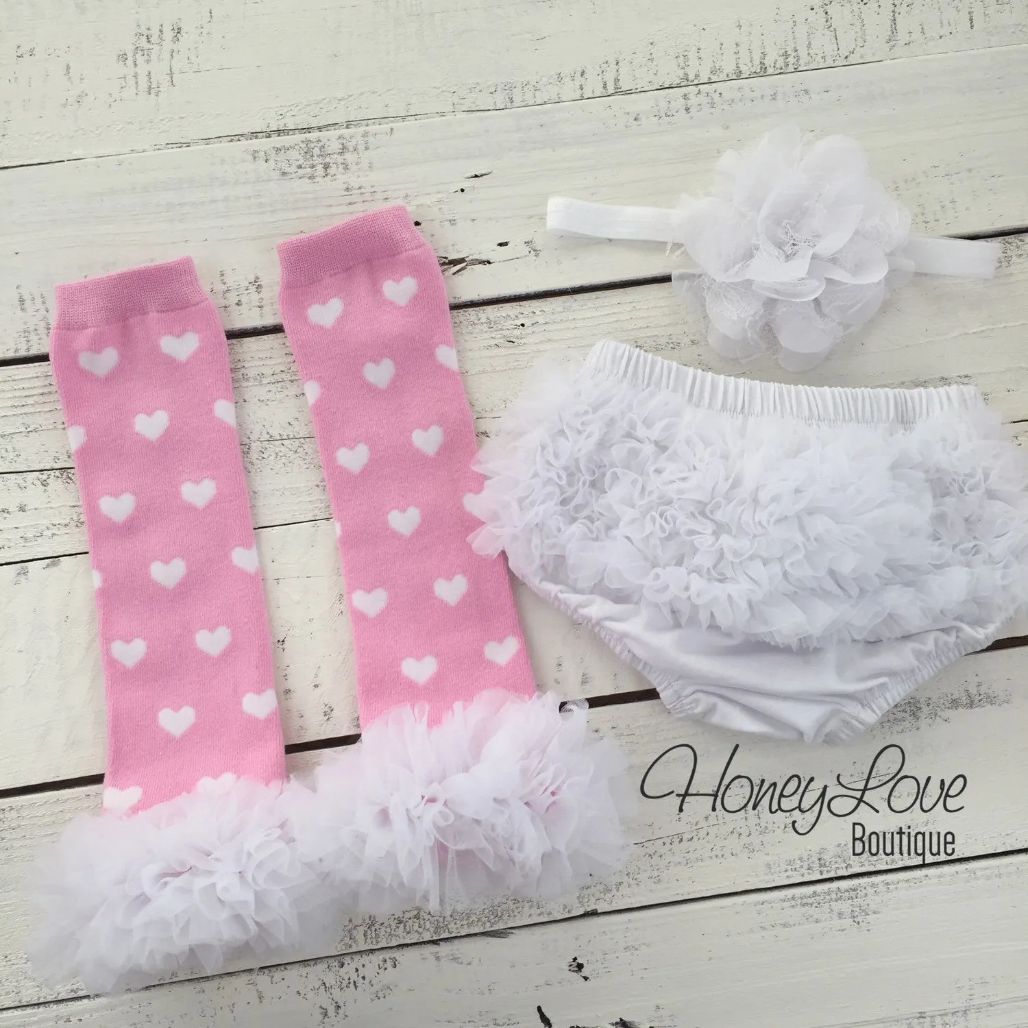 Pink and White heart leg warmers, white flower headband, ruffle bottom bloomer