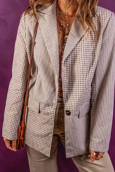 Plaid Lapel Collar Pocketed Long Sleeve Blazer