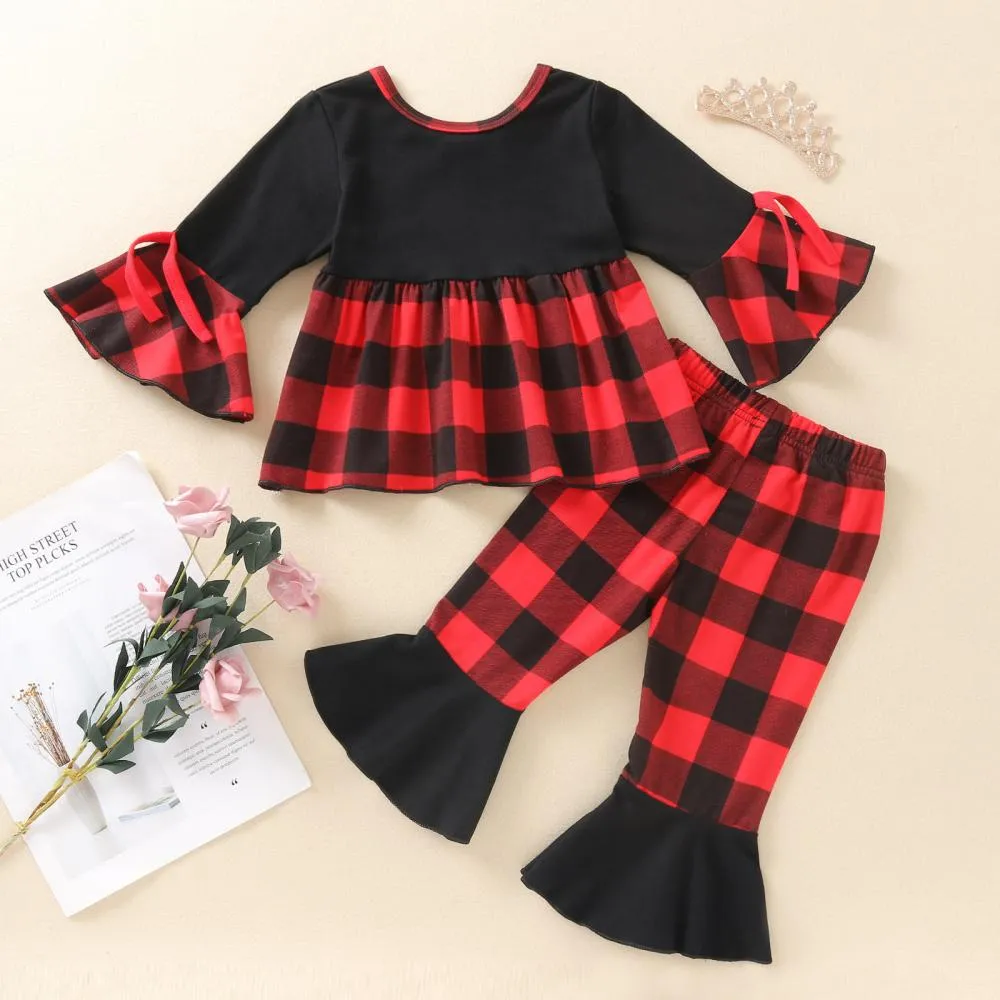 Plaid Top Flared Sleeves   Flared Plaid Pants Wholesale Girls Clothes