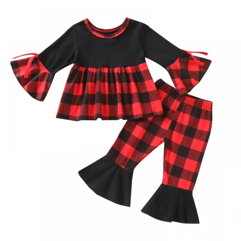 Plaid Top Flared Sleeves   Flared Plaid Pants Wholesale Girls Clothes