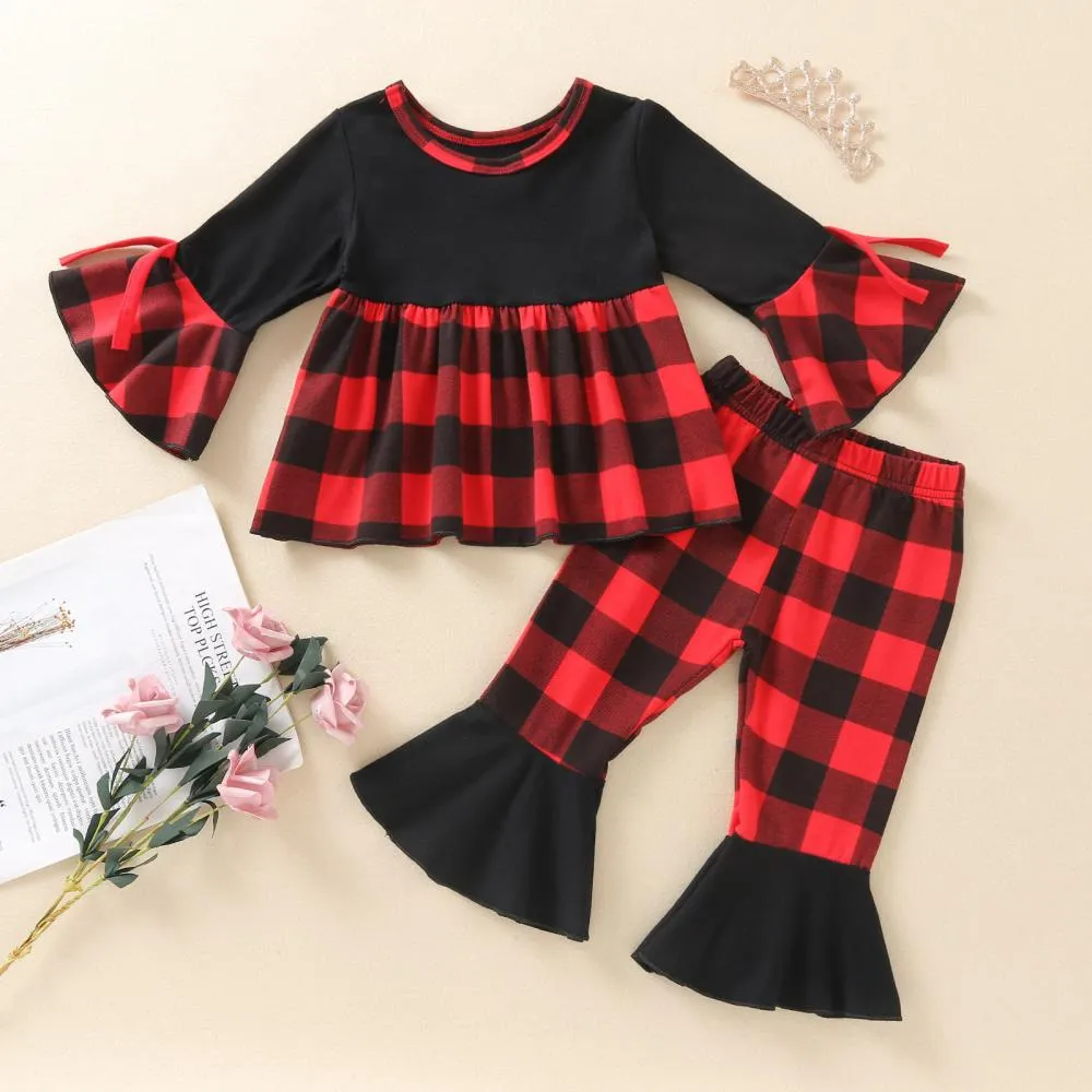 Plaid Top Flared Sleeves   Flared Plaid Pants Wholesale Girls Clothes