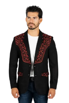 Platini Men's Black/Burgundy Embroidered Suede Blazer Suits