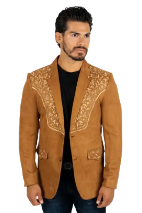 Platini Men's Camel Embroidered Suede Blazer