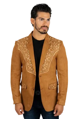 Platini Men's Camel Embroidered Suede Blazer