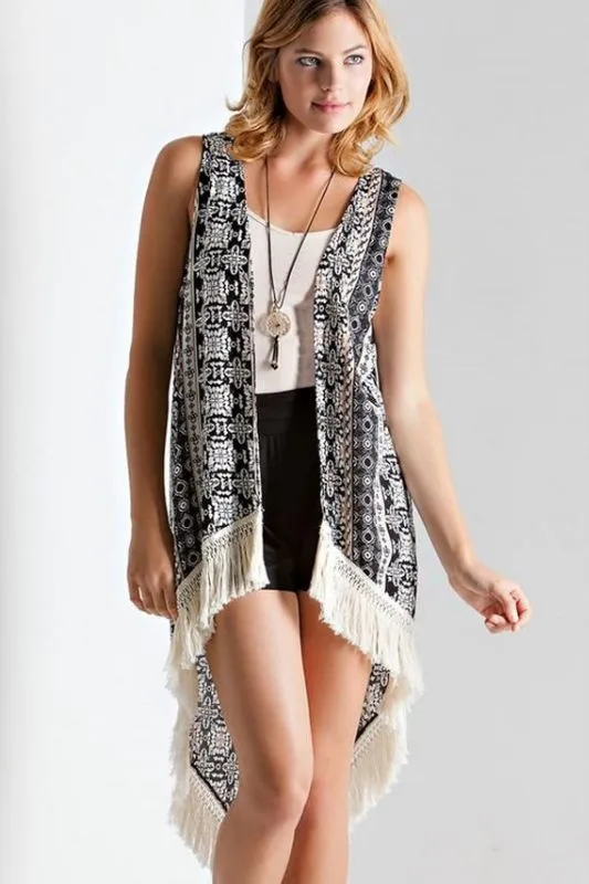 Print Hi Lo Vest Tassel Fringe Hem - Black Multi