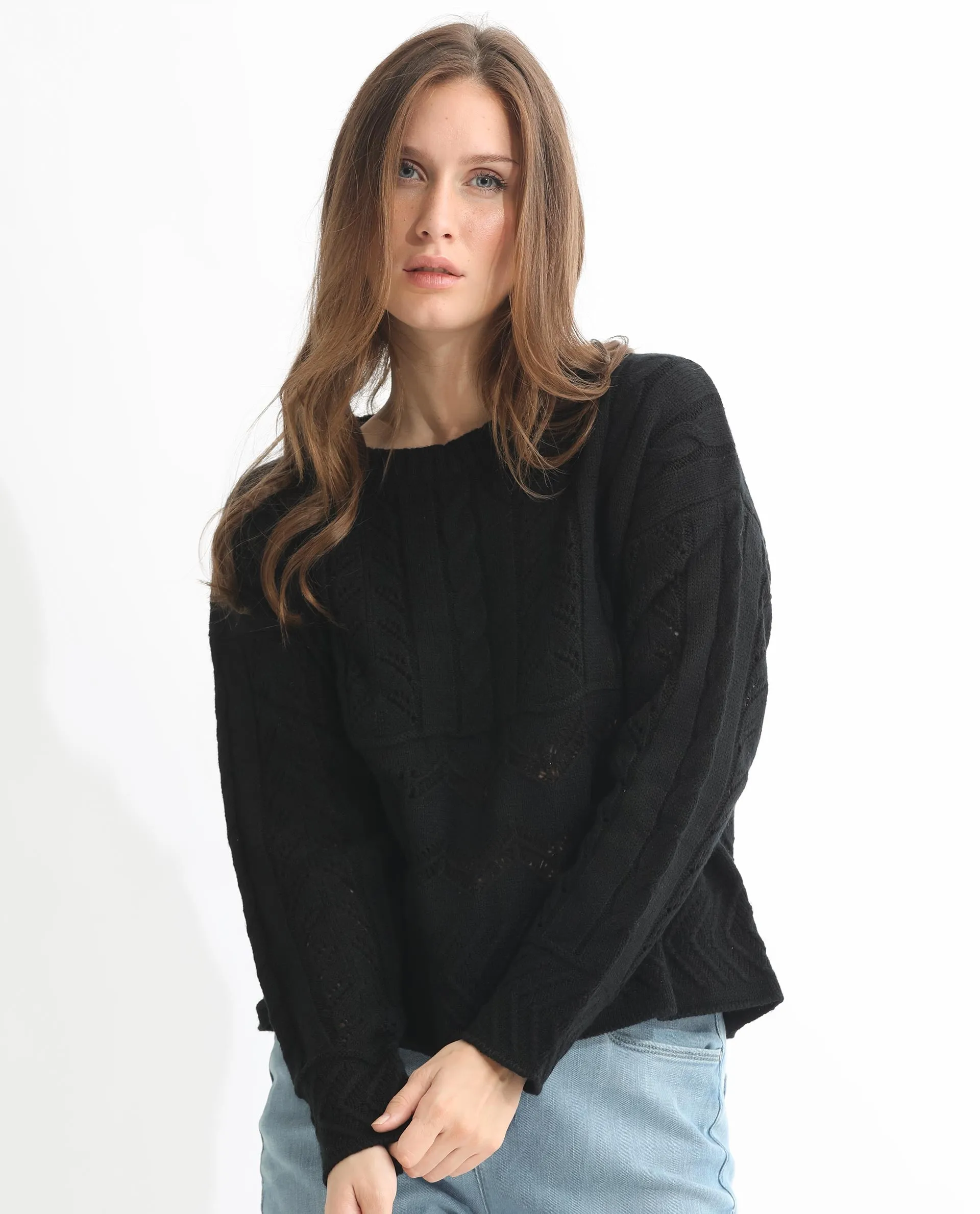 Rareism Women Saben Black Acrylic Fabric Full Sleeves Ribbed Collar Relaxed Fit Plain Sweater